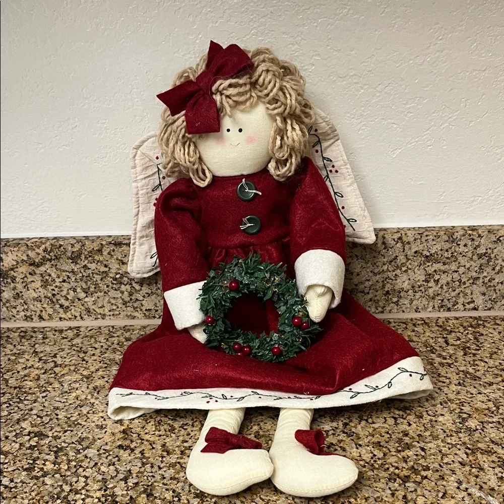 Holiday Angel Doll with Wreath - Red and Cream